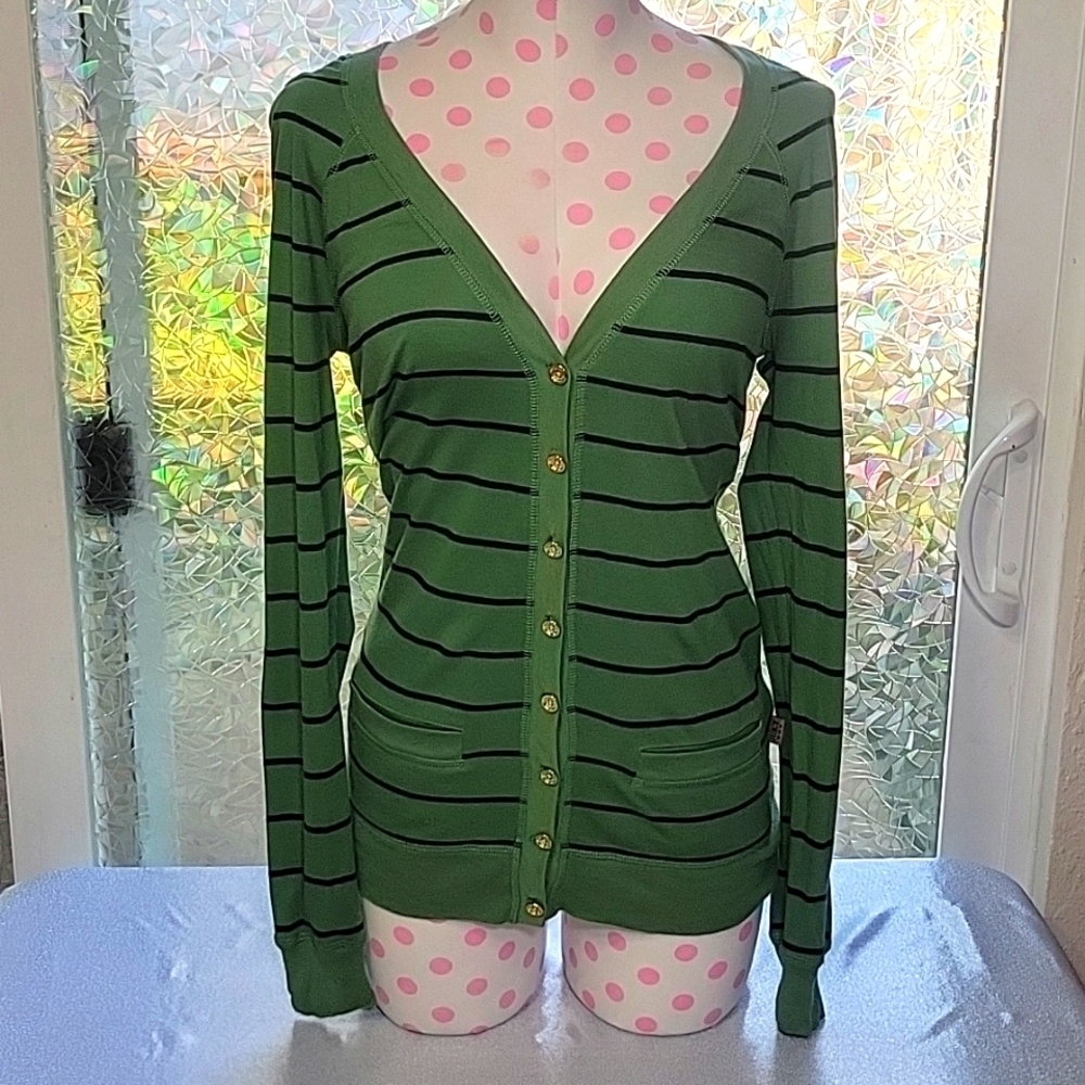 Y2k Vintage Juicy Couture Button Up Tshirt Cardigan Green & Navy Striped SZ:M